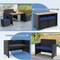 Outdoor Patio Dining Set PE Rattan Acacia Wood Loveseat Table 2 Ottomans Navy Cushion